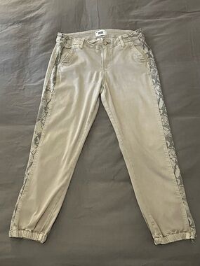 PAIGE Women's Beige Jogger Jeans with Grey Snake-Print Side Stripes
